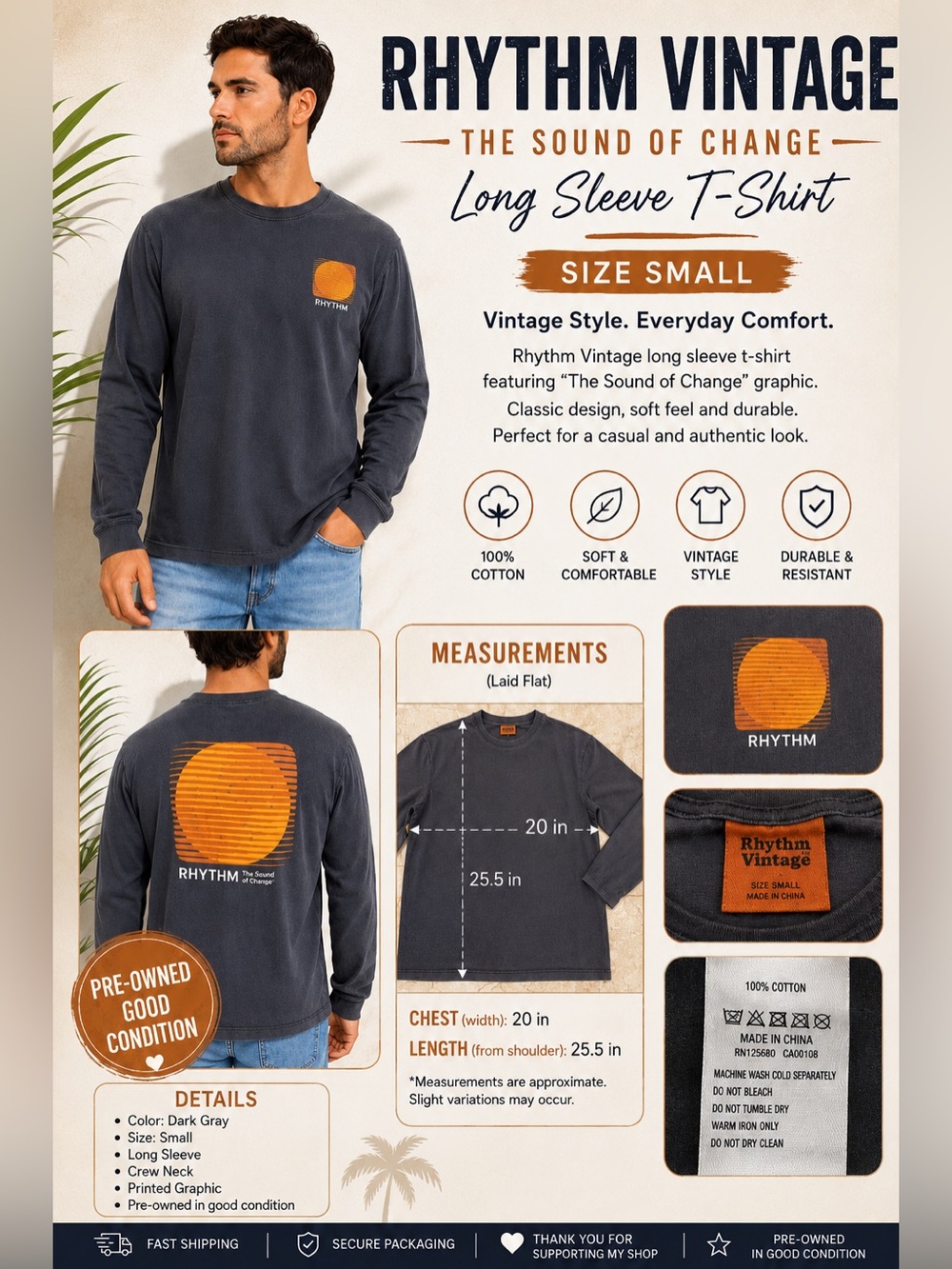 Rhythm Vintage The Sound of Change Men’s Small Long Sleeve Graphic T-Shirt